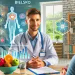 DALL·E 2024-07-05 14.29.45 – A vibrant and professional image depicting a nutritionist in Bielsko providing dietary support for chronic illnesses. The scene shows a friendly dieti