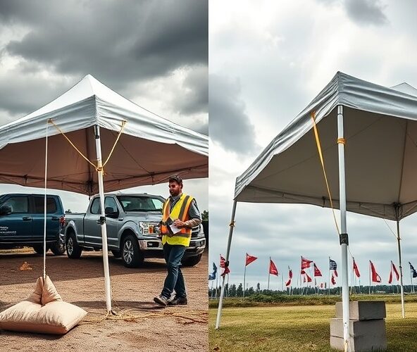 Jak zabezpieczyć namiot ekspresowy 3×3 w wypożyczalni przed zerwaniem przez nagły poryw wiatru i odpowiedzialnością za szkody?